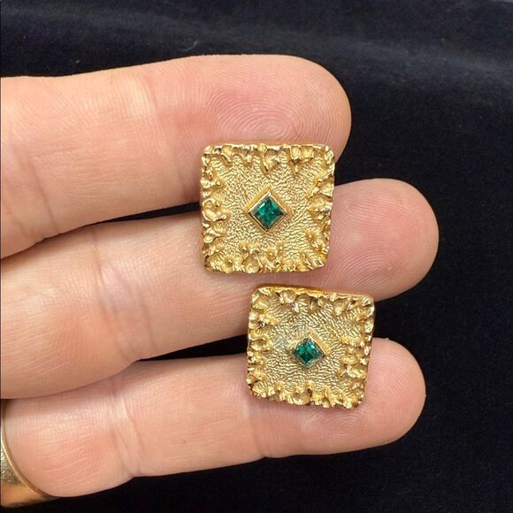 Antique Elegant Gold Cufflinks Set with Red and Green Accents - Picture 3 of 5